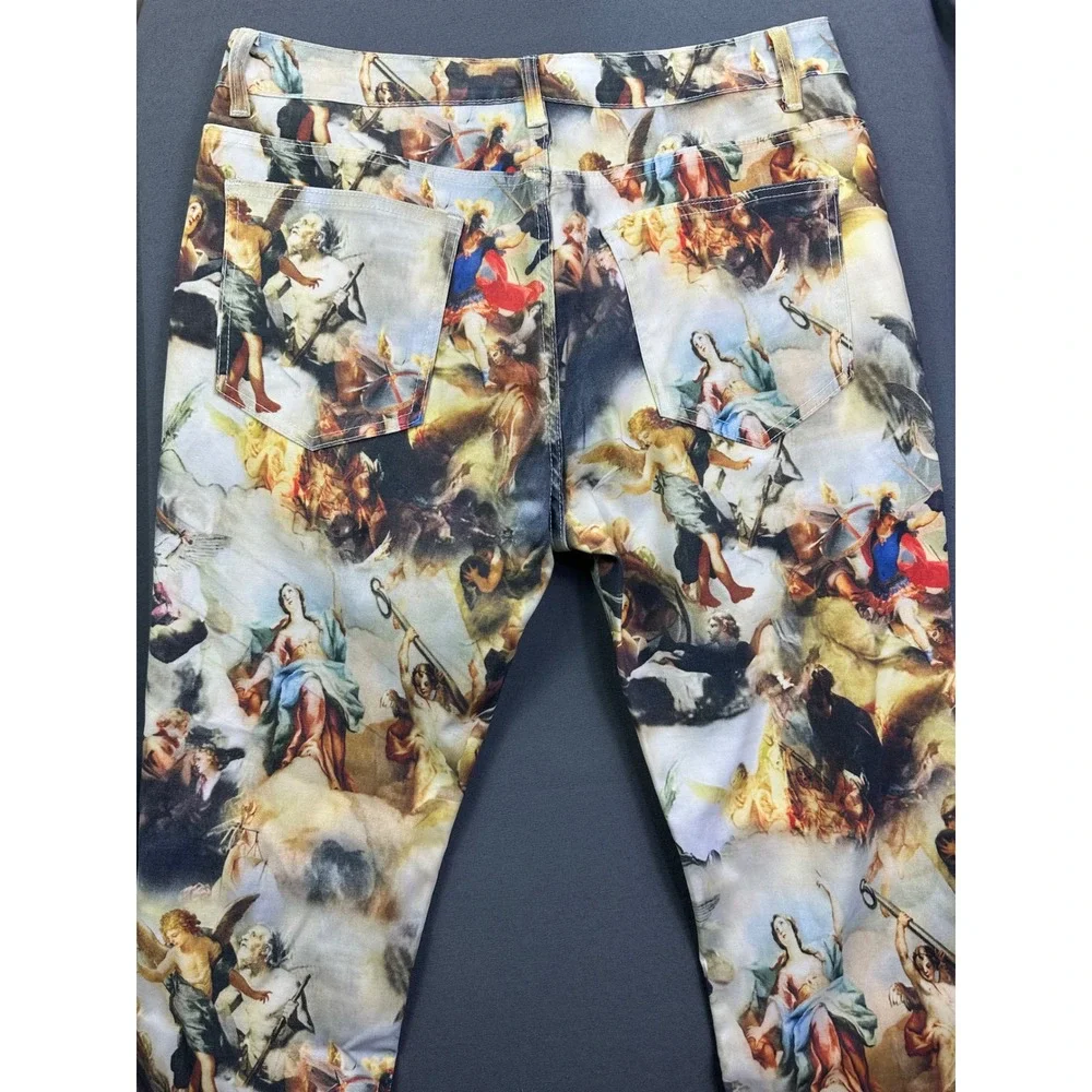 Renaissance Oil Painting Print Slim Fit Pants Angels Cherubs Multi Color 36x30